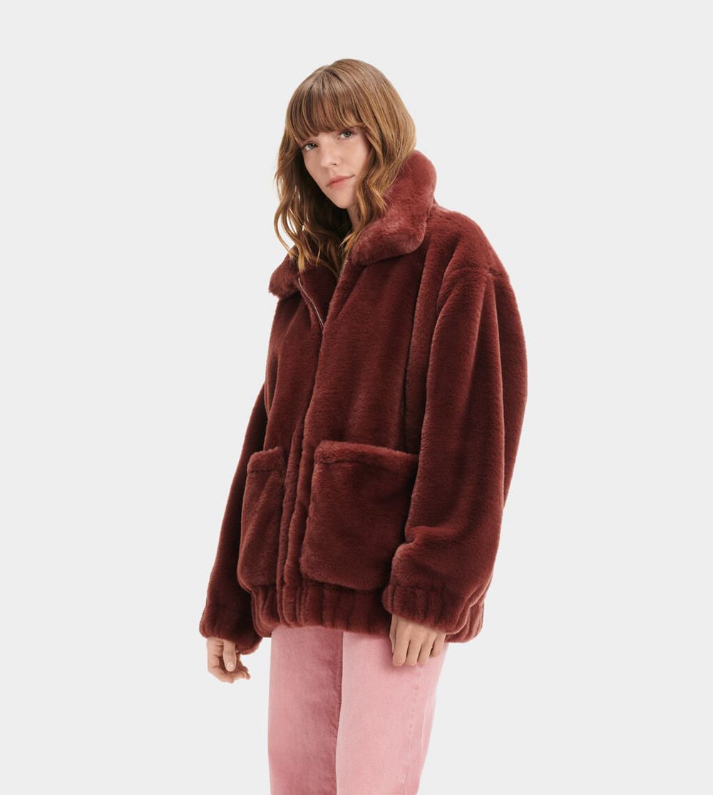 Ugg Kianna Faux Fur - Womens Jackets - Maroon - NZ (0478XHYUB)